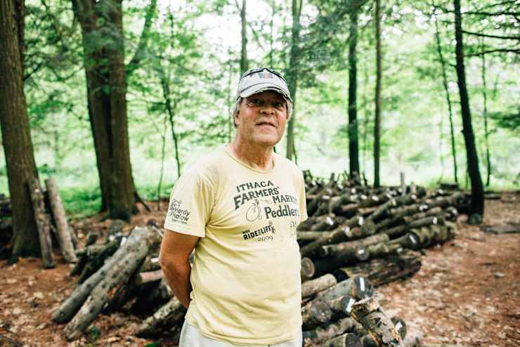 host-by-woodpile-in-forest