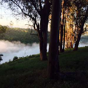 Smoke on the Water. Early morning fog over Lake Chabot. This is the morning view from campsite 71. Campsites 69-73 all sit on the hill overlooking the Lake.