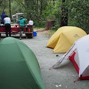 Trail Mavens camping at site #45, which had TONS of flat space for tents (we probably could have fit a fourth). Downside: the ground was incredibly hard. You'll bend a lot of tent stakes if you try to get them all the way into the ground.