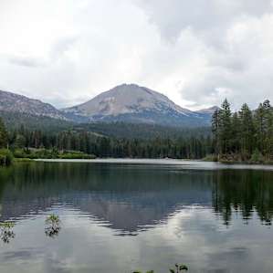 Out on Manzanita Lake looking back at the camp site with Mt Lassen in the background.