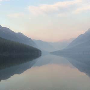 Sunset view of Bowman Lake.
