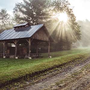 Pavilion in the morning fog