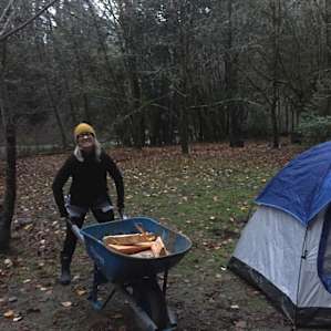 Rainy winter night, collecting wood.