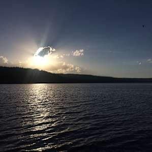 The sunset from the dock is beautiful over Lewis Lake.