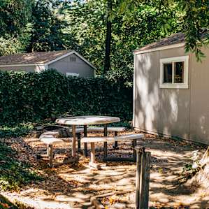 Picnic area and fire pit at the cabin