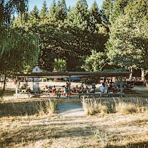 Lanai common area in front of car camping spots. Grills, stoves and picnic tables for you to use.