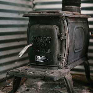 Cast iron wood burning stove.