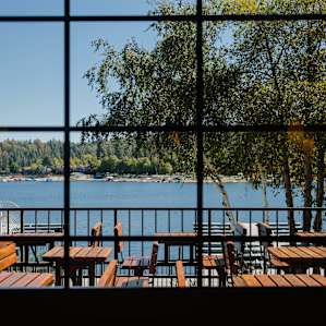 This is a view of Lake Arrowhead from inside a McDonald's! I'd say that's a pretty great view for a fast food chain...