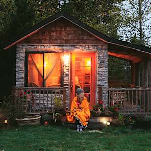 The front of the Cabin at dusk