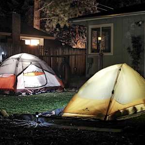 Tent hangout after dark .