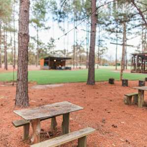 Home-made picnic tables sprinkled throughout the pine forest for use of anyone staying on the property. That building in the background is the community kitchen/hangout area.