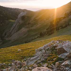 Sunset above the lake, on the ridge below Sacagawea Peak
