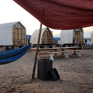 View of camp structures from a hammock