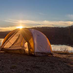 Pitching the tent right by the lake in Harriman State Park.