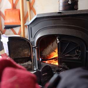 The wood stove: it was pretty cold when we arrived and within the first few hours the entire Yurt was heated and toasty by the wood stove. We used the top for cooking!