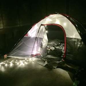 Tent & twinkle lights inside one of the shelters... nice and dry :)