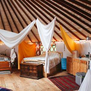 With plenty of sleeping options, the yurt would be a great place to come in a group. There is one queen, a full, a twin with a pullout bed, and the couch.