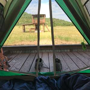 Looking out from the tent on the stage.