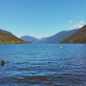 A view from the campground beach at Lake Crescent. You can rent kayaks at the campground store by the hour.