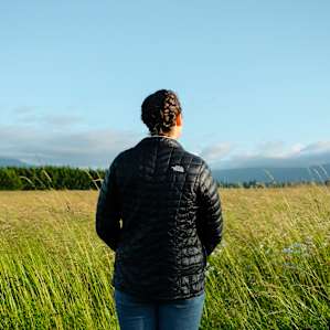 Taking in the great view of the field outside our tent.