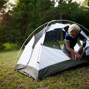 Spending some time in the tent at one of the campsites tucked in the trees!