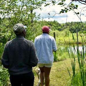 Walking the path towards the pond.