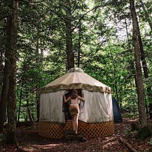 Stepping into the yurt.