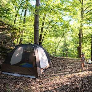 Our camp next to the bluffs in the Eureka Springs woods.