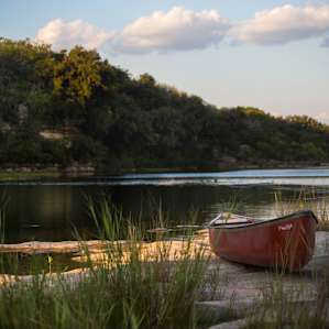 The landowners have made this sturdy canoe available for campers to use to adventure across the river.