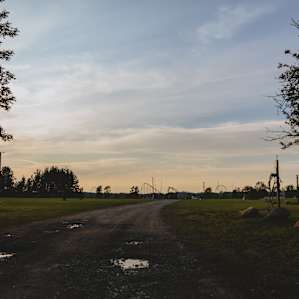 View of the camp road, you can see the roller coasters across the street!