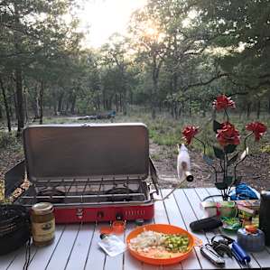 Cooking up some gourmet spaghetti (I brought the camp stove myself).
