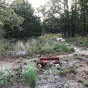 Red wagon provided to cart your things to the campsite