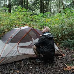 Setting up the tent for the night.