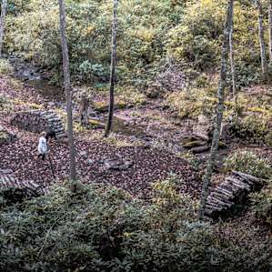 Below the glamp site is a small creek with a (second) grill/fire pit to cook - the tent is also equipped with a stove on the inside