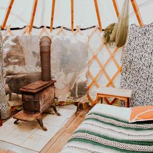 Inside the cozy yurt.
