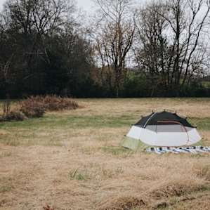 The field for camping is surrounded by trees in the Tennessee hills.