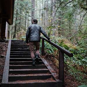Taking a stroll up the stairs outside.