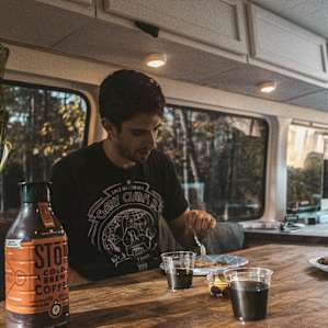 Eating breakfast inside the van. Nice view out the back!
