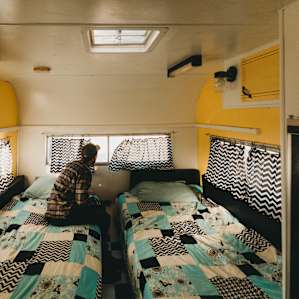 Inside the vintage trailer.