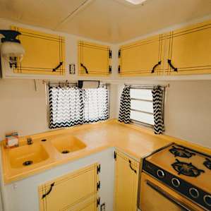 Inside the vintage trailer.