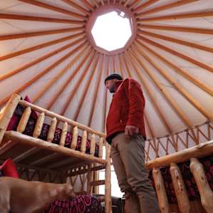 people dog yurt