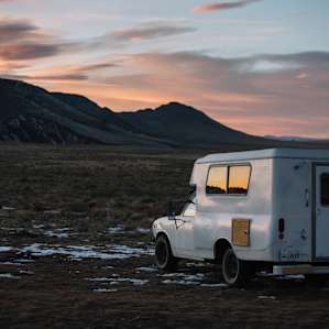 Glowing sunset on our camper.