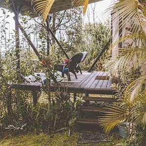 View of the porch from the walkway up to the yurt