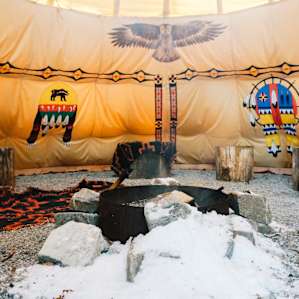 The inside of the tipi is painted with four shields, each corresponding to one of the four directions as well as the four seasons. They also represent parts of our human nature. Each is necessary and important to wholeness and well-being.