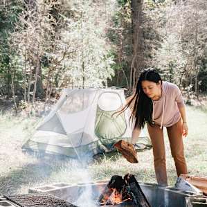 We really love the grill on the fire pit, which makes campsite meals so much easier.