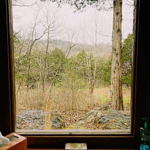 The view from inside the outhouse, complete with a small meditation and reading area.