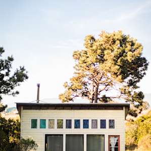 The cabin at dusk.