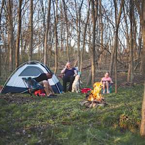 The campsite Kali's kids picked out for us was perfect, tucked back into the woods right by a stream. Loved it.