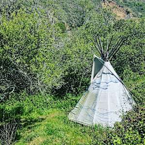 Tipi nestled by a creek.