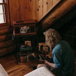 While our friend peruses the music collection.